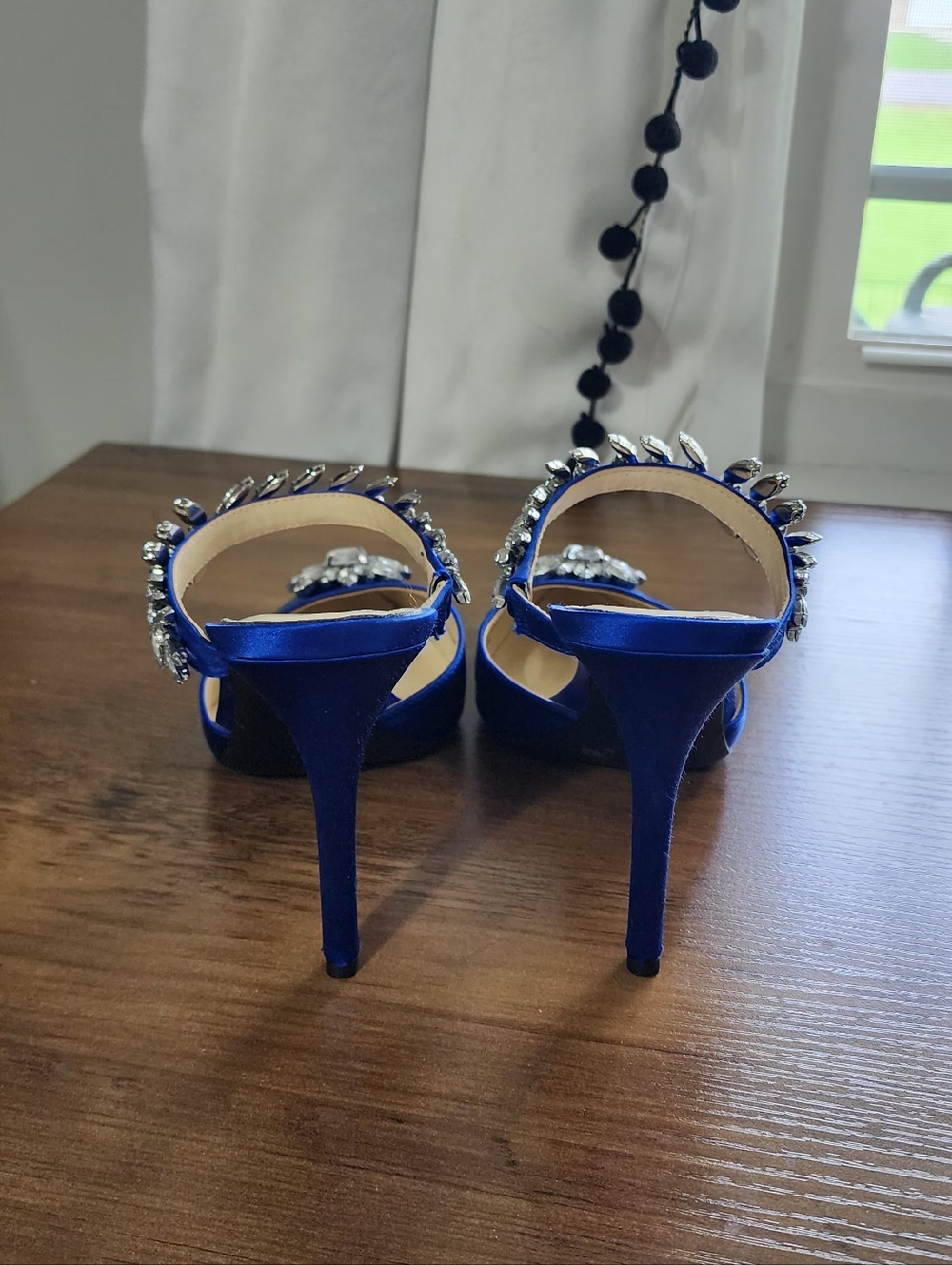 Jessica Simpson Sapphire Blue Crystal-Embellished Satin Mules - Picture 4 of 7